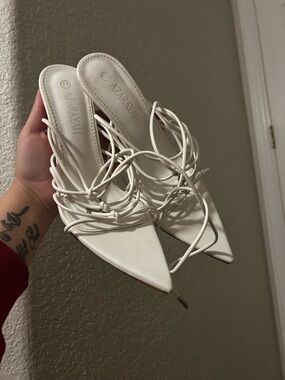 Azarayah White Pointed-Toe Lace-Up Mules